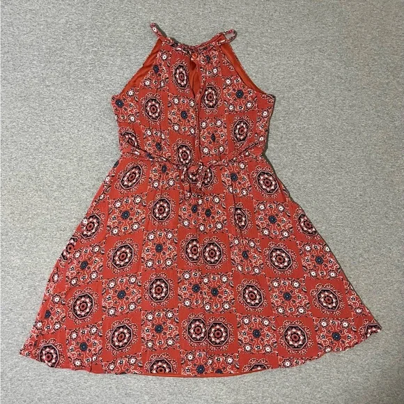☔️ Blue Rain Halter Dress~Juniors’ Sz 14~Red/Orange w/ Navy & White Boho Design - Picture 2 of 10